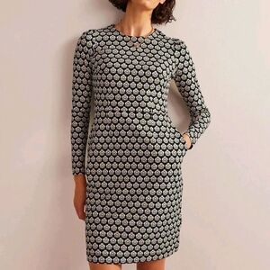 Boden Penelope Black & White Floral Print Cotton Jersey Knit Dress Long Sleeve 6